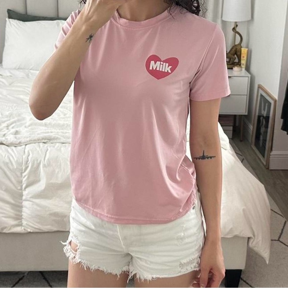 Pink Kawaii Milk Graphic Tee | Anime Cartoon Shirt | Harajuku Style | Size S